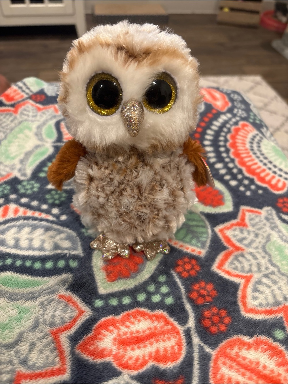 Ty Beanie Boo Plush Brown and White Glitter-Beak Owl Accent